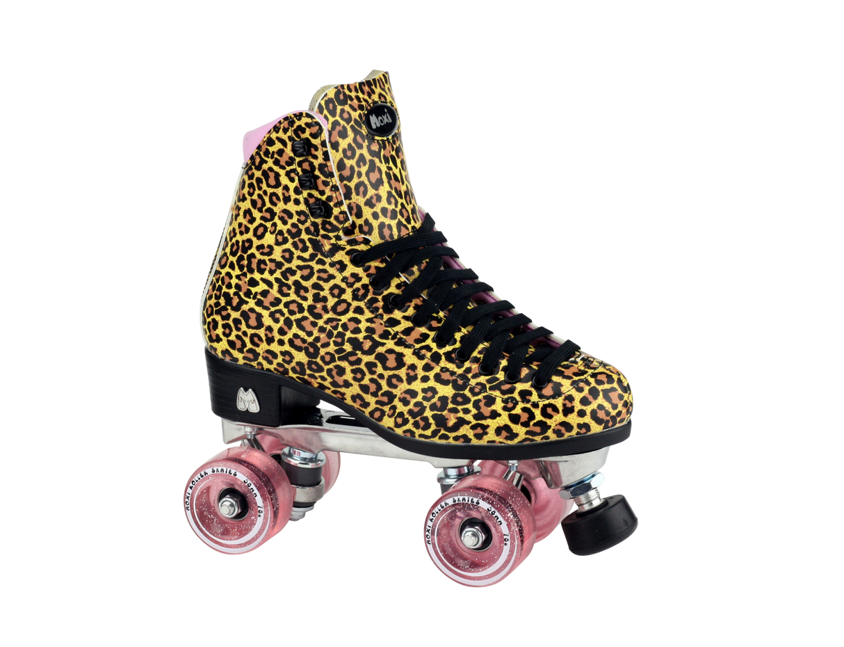 Moxi Jungle Leopard Roller Skates (w/ Pink cuff and Pink Juicy Wheels)