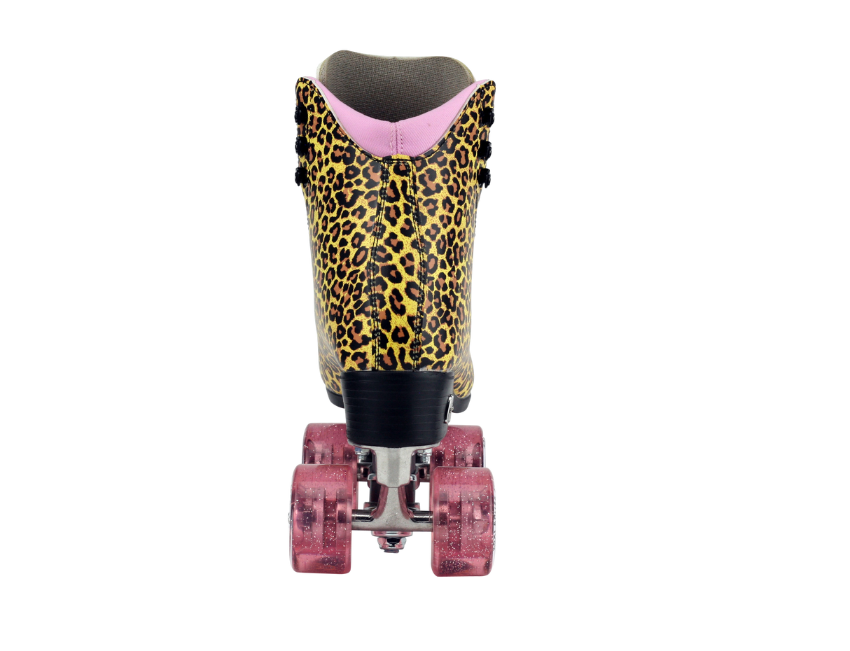 Moxi Jungle Leopard Roller Skates (w/ Pink cuff and Pink Juicy Wheels)