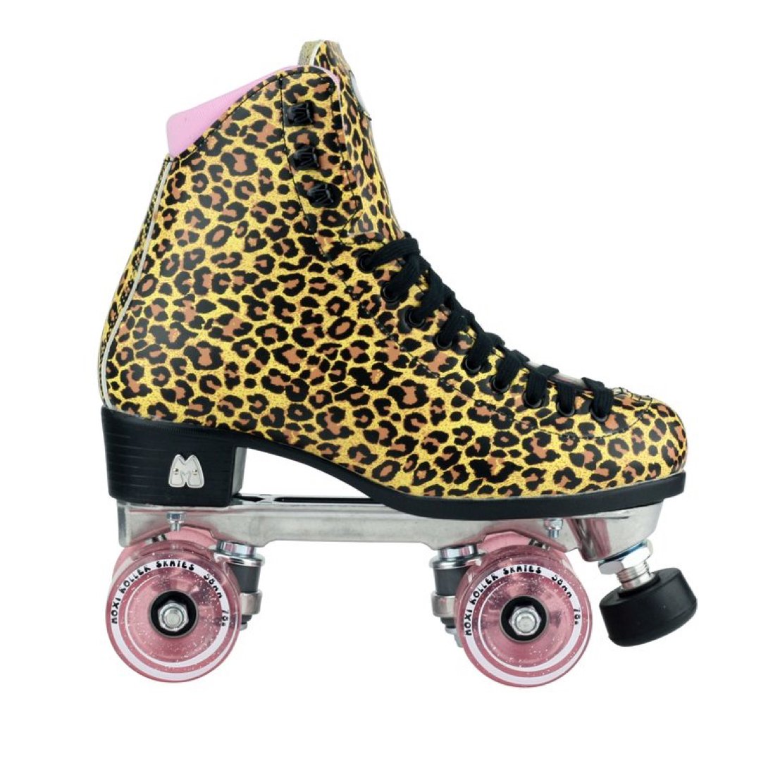 Moxi Jungle Leopard Roller Skates (w/ Pink cuff and Pink Juicy Wheels)